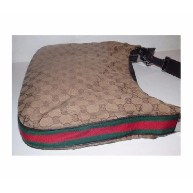 Gucci, brown large logo fabric/leather, large size, Tom Ford era 'Attache' hobo style bag with red/green stripe, G latch top & chrome hardware!