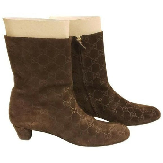 Gucci Buttery Soft Chocolate Brown GG Embossed Suede Leather Boots