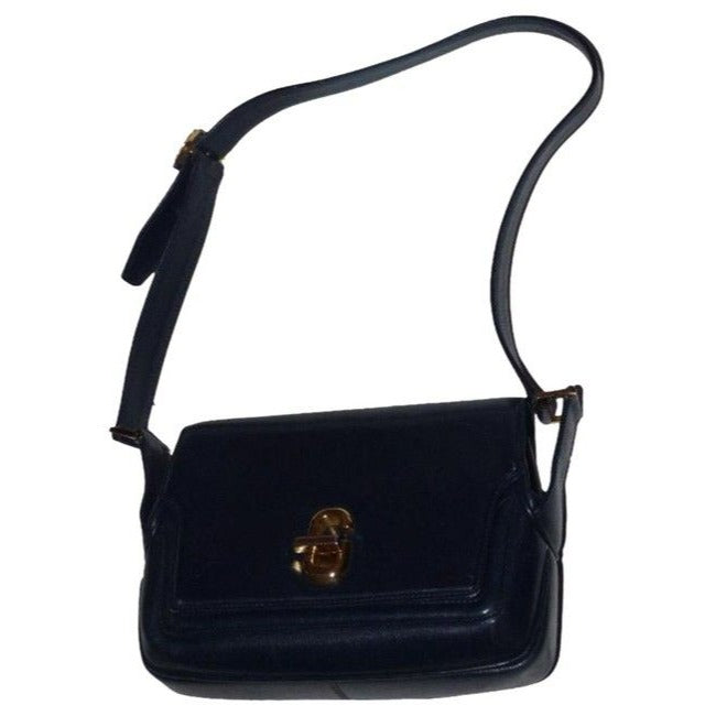 Gucci, RARE, bohemian/mod, navy blue leather, envelope top, shoulder purse with bold gold 'G' twist closure