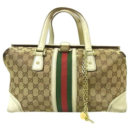 Gucci Vintage Pursesdesigner Purses Brown Large G Print Canvas And White Leather With Red And Green