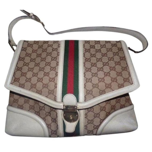 Gucci Vintage Pursesdesigner Purses White And Brown With Red And Green Leather Canvas Satchel