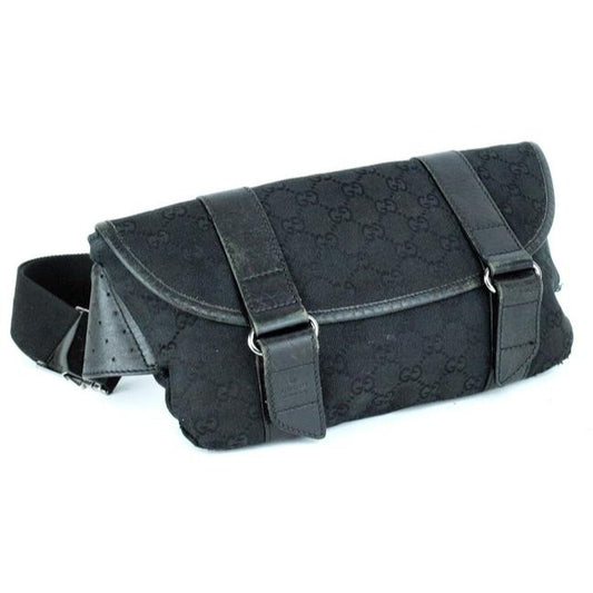 Gucci Black Large G Logo Print Canvas And Black Leather With A Heavy Canvas Belt And Chrome Accents