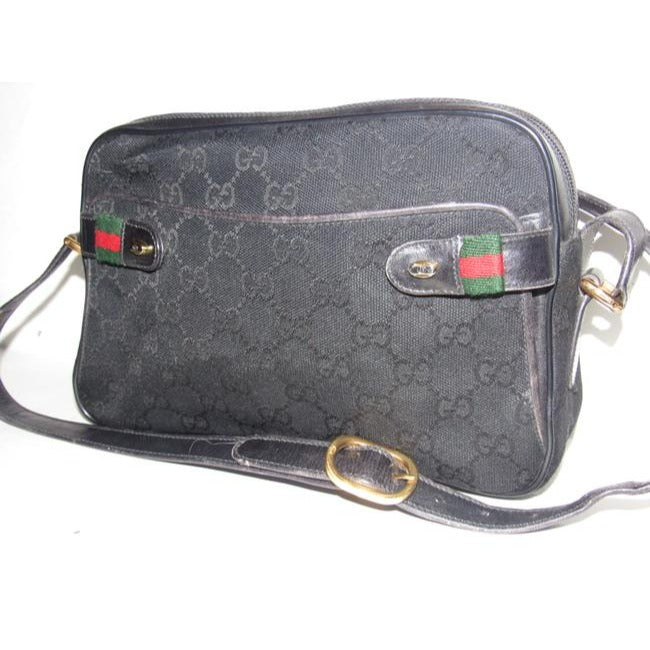 Gucci W Guccissima Sherry Stripes Black G Print Red Green Leather Canvas Shoulder Bag