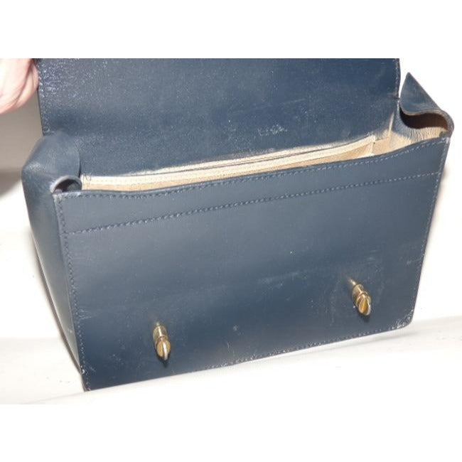 Gucci Vintage Navy Blue Leather And Bamboo Handle Satchel