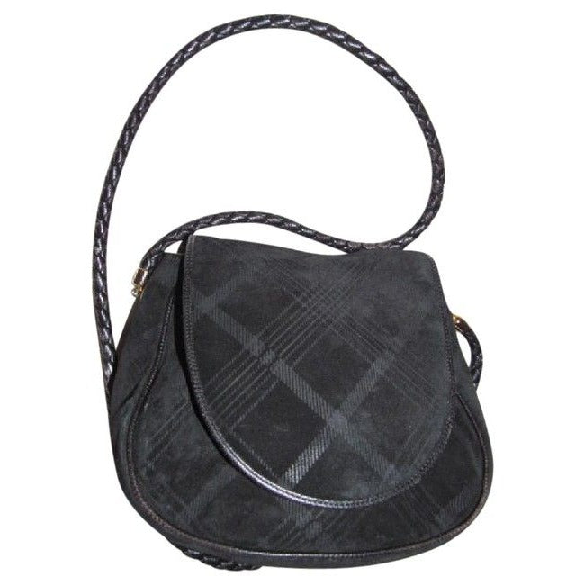 Bottega Veneta Black Suede & Leather Saddle Bag w Plaid Plint