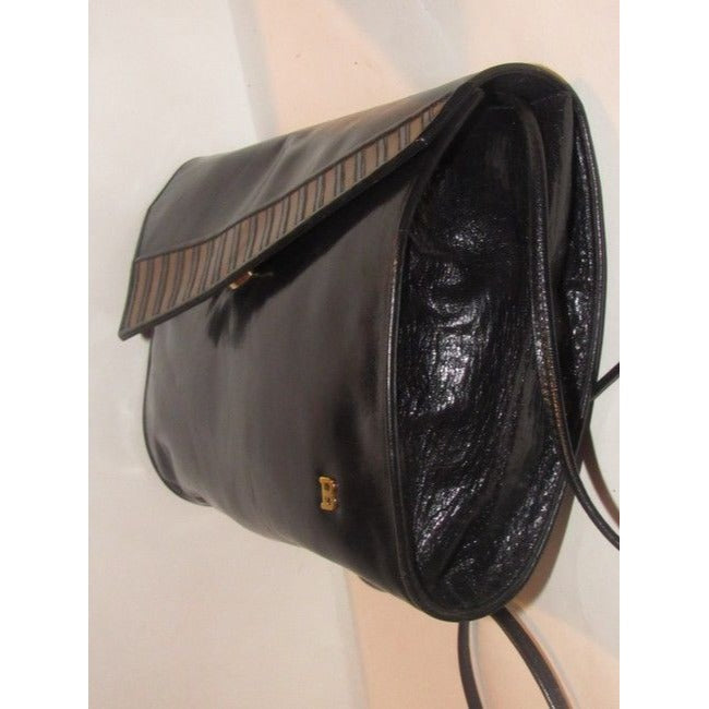 Bally Vintage Pursesdesigner Purses Black Glossy Leather With Asymmetrical Brown And Black Striped E