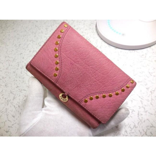 Fendi Pink Suede Leather With Gold Studs Bi Fold Wallet