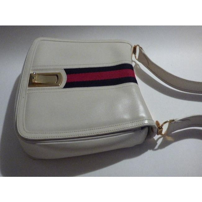 Gucci Vintage White Leather With Wide Red Blue Striped Center Hobo Bag