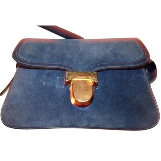 Gucci Vintage Deep Blue Suede And Leather Shoulder Bag