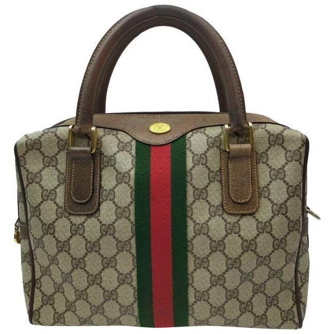 Gucci Boston Bag Guccissima Print And Brown W Red Green Leather Coated Canvas Satchel