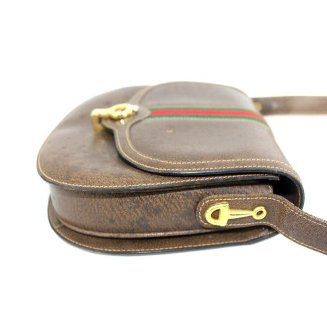 Gucci W Saddle Style Purse Red Green Stripe Brown Leather Shoulder Bag