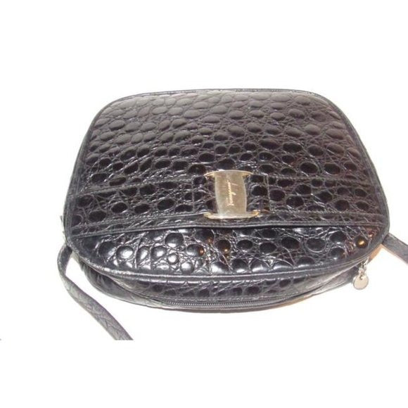 Salvatore Ferragamo Black Crocodile Embossed Leather With Gold Vara Accent Crossbody or Shoulder Bag