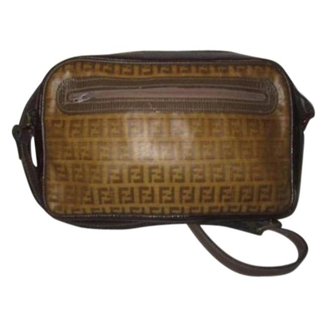 Fendi Canvasleather Cross Bodyshoulder Purse Yellow Zucchino Printbrown Leathercoated Canvas Shoulde