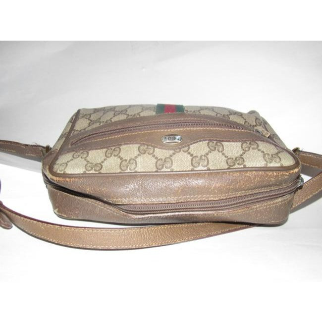 ON SALE! Gucci vintage brown Guccissima print coated canvas & brown leather, cross body with front zip pocket and red and green striped accent