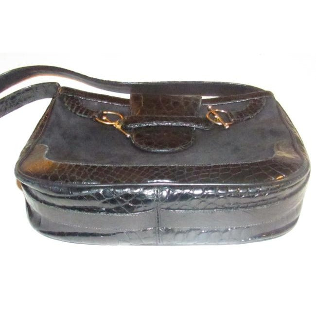 RARE, Gucci, 'snaffle' style, bohemian/mod, black suede and crocodile leather, hobo style shoulder purse with a wide, crocodile embossed leather flap snap closure and gold tone equestrian accents