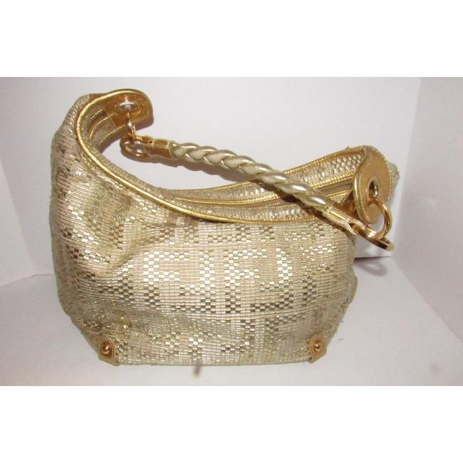 Fendi Shoulder Xl W Zucca Design Gold Leather With Woven F Logo Hobo Bag