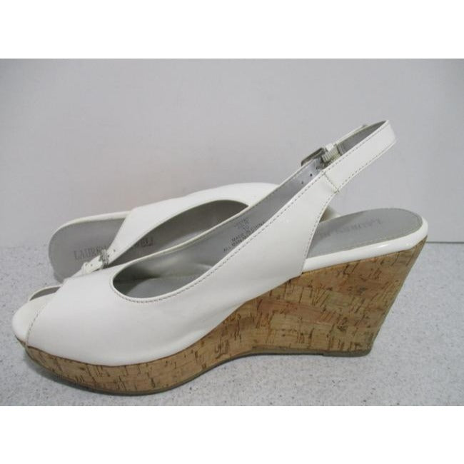 Lauren Blakwell White Patent Off Julie Slingback Peep Toe Cork Wedge Pumps Size Us