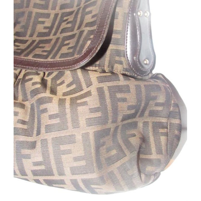 Fendi Xl Ruched Canvasleather Chef Style Tobacco Zucco Print Leather And Canvas Shoulder Bag