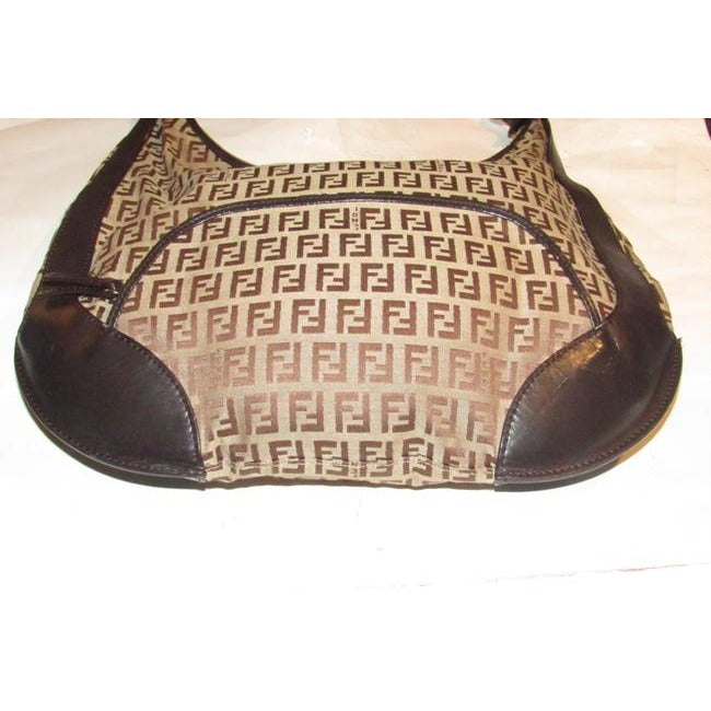 Fendi Chef Shoulder Purse Brown Zucchino Or Small F Logo Print Light Brown On Canvas And Brown Leath