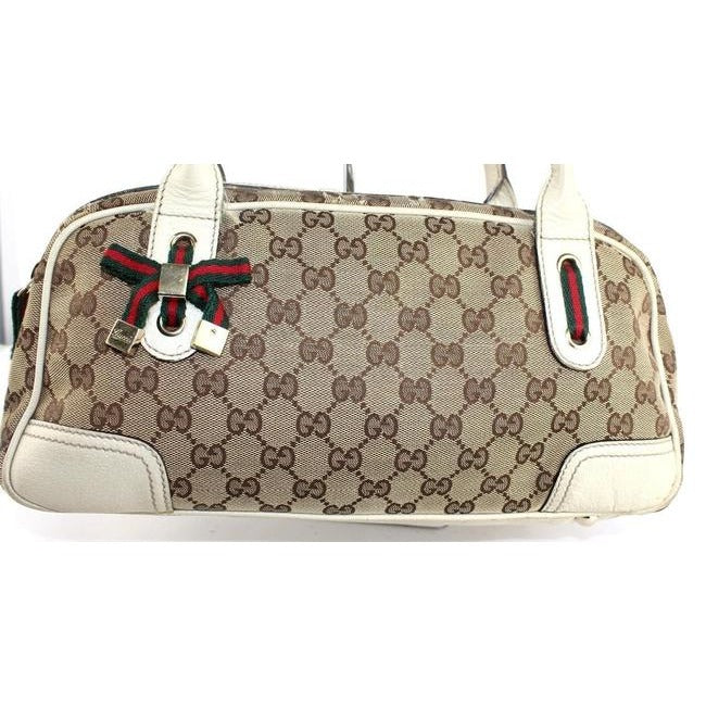 Gucci W Print Canvasleather Sherry Stripe Accents Brown Guccissimawhite Leathercanvas Satchel