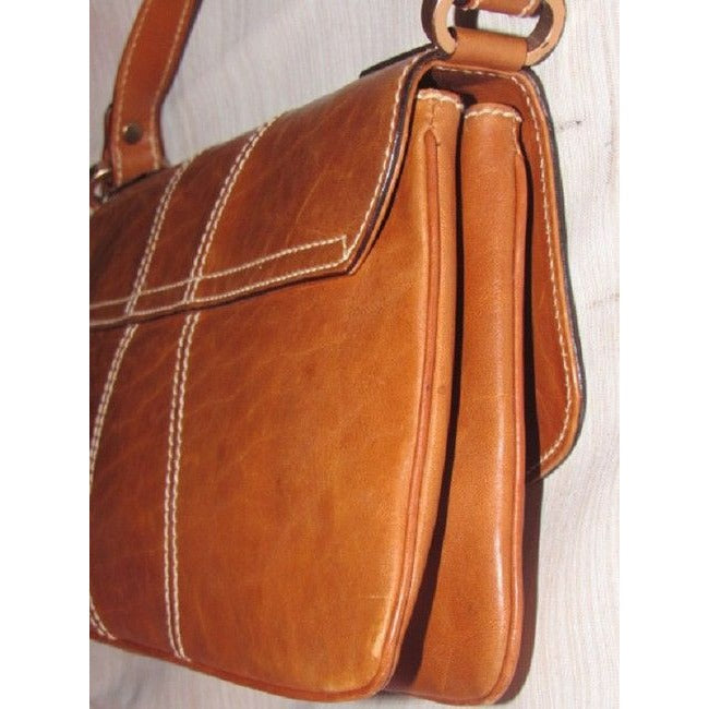 Gucci Vintage Cognac Or Chestnut Leather With Contrast Stitching And Brass Hardware