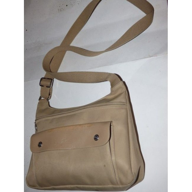 Longchamp Vintage Khaki Or Tan Leather And Heavy Canvas Fabric Nylon Messenger