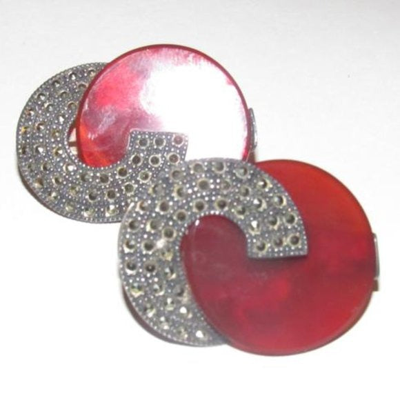 Art Deco Judith Jack Marcasite and Red Prystal Bakelite in Sterling Silver Clip On Earrings