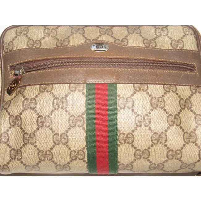 ON SALE! Gucci vintage brown Guccissima print coated canvas & brown leather, cross body with front zip pocket and red and green striped accent