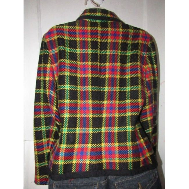 Emanuel Ungaro Black Wool With Red Yellow Blue And Green Window Pane Plaid Blazer