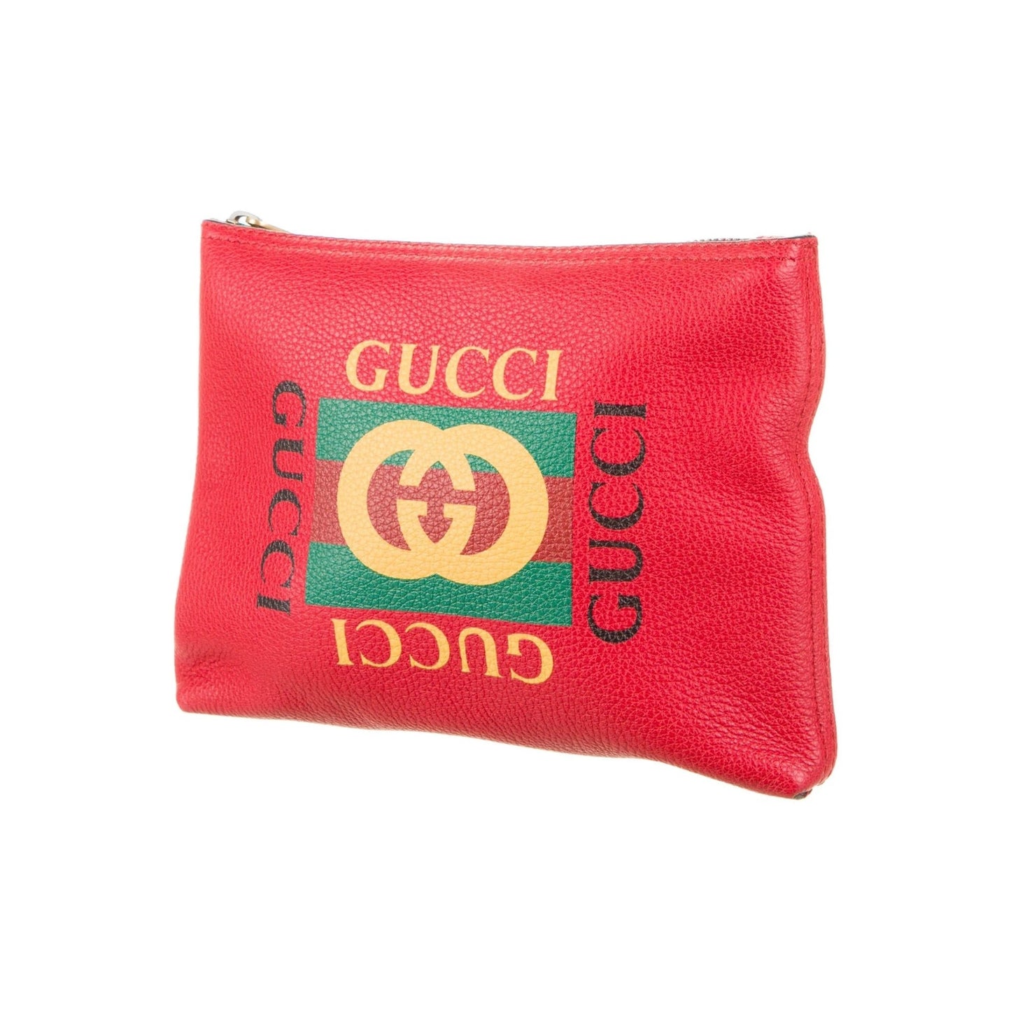 NIB Gucci red leather clutch with a black, green, and yellow logo design