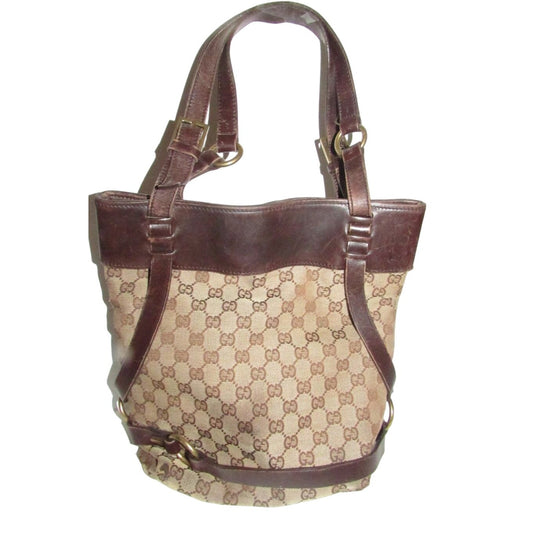 Gucci brown Guccissima print canvas & leather strappy cylindrical tote with brass accents