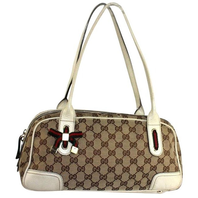 Gucci W Print Canvasleather Sherry Stripe Accents Brown Guccissimawhite Leathercanvas Satchel