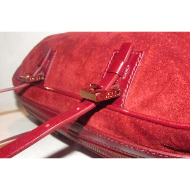 Fendi Style Shoulder Purses Dark Red Suede And Leather With Rose Gold Hardware Satchel