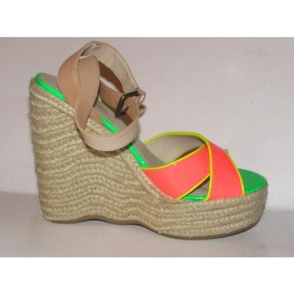 Enzo Angiolini Pink Yellow Green and Taupe Leather Wedge Sandals