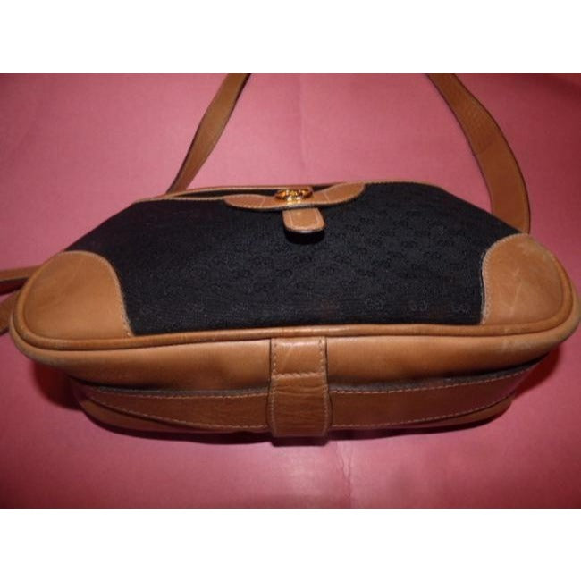 Gucci Vintage unique, RARE, camel leather & black micro Guccissima print canvas, top zip, 'camera bag' style, cross body