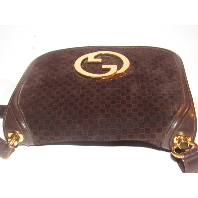 Gucci Blondie, brown square G logo print suede and brown leather, saddle bag style, shoulder bag with large, gold 'GG' cut-out