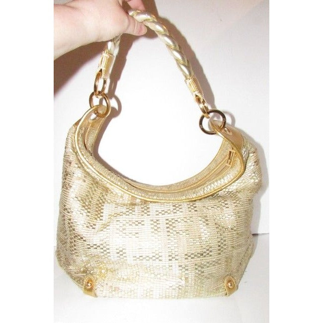 Fendi Shoulder Xl W Zucca Design Gold Leather With Woven F Logo Hobo Bag