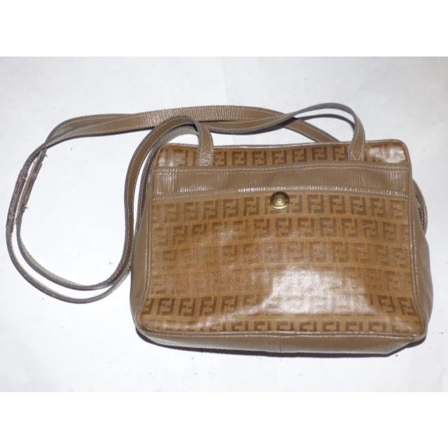 Fendi W Ctd Canvasleather Two Longer Straps Yellowbrown Zucchino Print Canvas And Leather Satchel