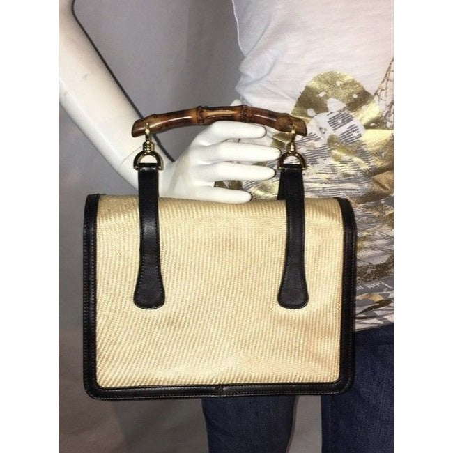 Gucci Box Handle Lunch Black Leather And Ivory Raffia Fabricraffia With Bamboo Satchel