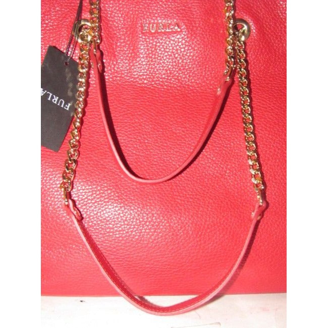 NWT, Furla, 'St. Alice', true red leather satchel with two gold chain & red leather straps, a footed bottom, and multiple compartments & pockets