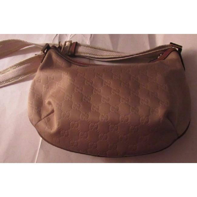 Gucci Newer Light Tan Embossed Large G Logo Print Nylon Chestnut Brown Leather