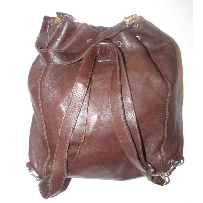 Fendi, RARE, brown leather, two-way style- XL satchel/messenger/backpack bucket style purse with a drawstring top closure