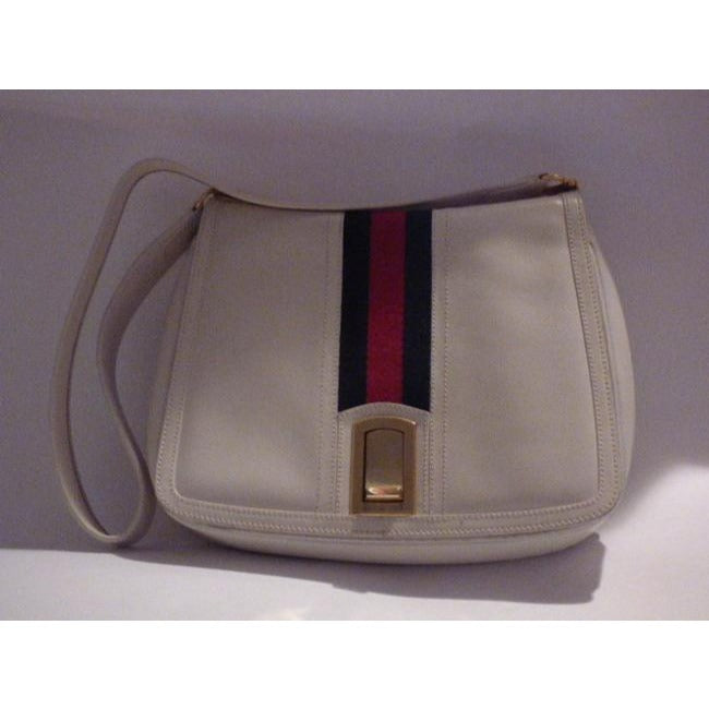 Gucci Vintage White Leather With Wide Red Blue Striped Center Hobo Bag