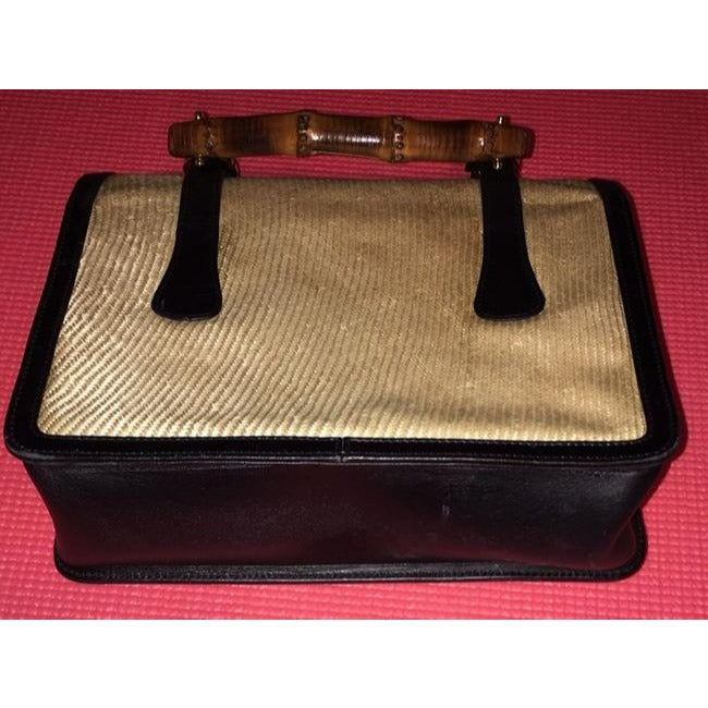 Gucci Box Handle Lunch Black Leather And Ivory Raffia Fabricraffia With Bamboo Satchel