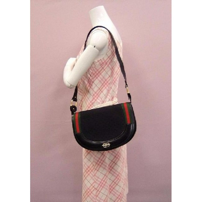 Gucci One Of A Kindearly Supple Black Leather With Navy And Red Stripe Accents Canvas Shoulder Bag