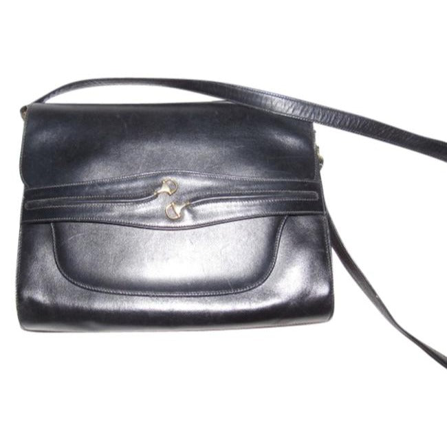 Gucci Two Way Glossy Blackhorsebit Accents Leather Shoulder Bag