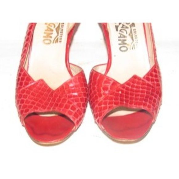 Salvatore Ferragamo Red Snakeskin Leather D'Orsay Sandals