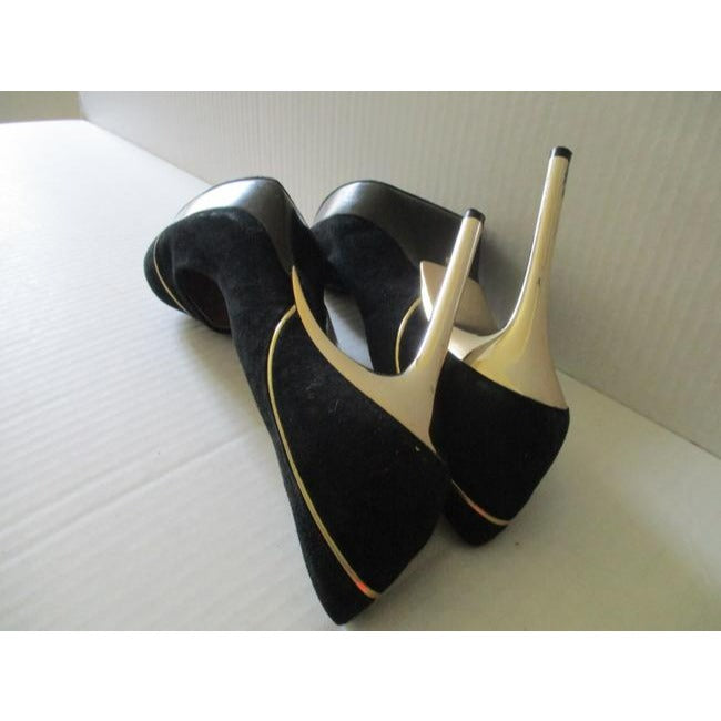 SALE! Michael Kors Black Suede Gold Heels And Piping Classic Platform Pumps Size 8M Us