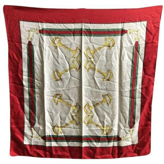 Gucci Red Green Gold Equestrian Print Silk Scarf