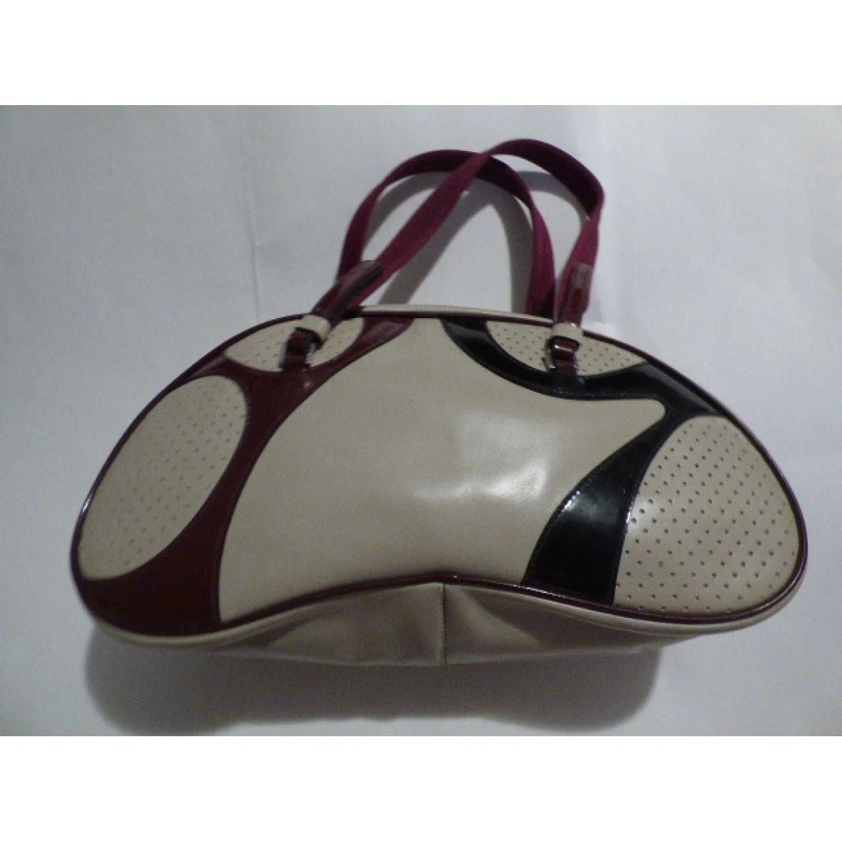 Vintage, 1990s Prada, light taupe leather and burgundy and black patent leather, satchel/ bowling bag style purse in a kidney shape